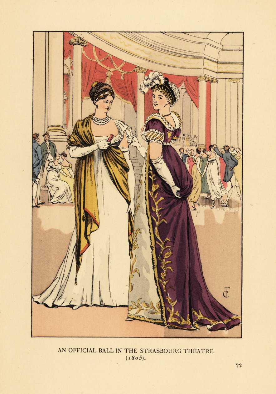 Modische Frauen in Ballkleidern und Turbanen im Theater. Ein offizieller Ball im Straßburger Theater von François Courboin