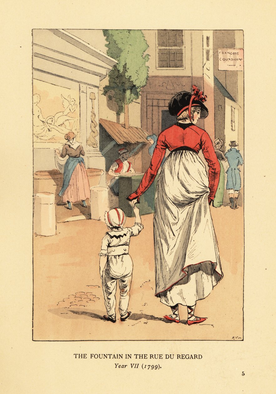 Frau und Kind vor dem Brunnen der Leda, Fontaine de Leda, in der Rue du Regard, Paris, Jahr VII von François Courboin