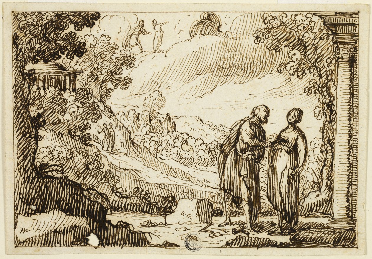 Unidentifizierte mythologische Szene mit Mann und Frau im Gespräch in klassischer Landschaft von François Roëttiers
