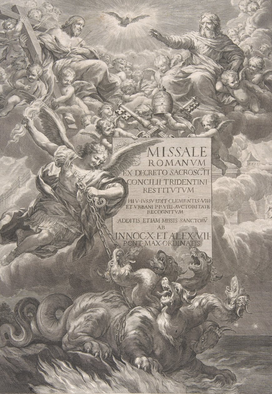 Die heilige Dreifaltigkeit mit dem heiligen Michael, der einen sechsköpfigen Drachen besiegt von François Spierre