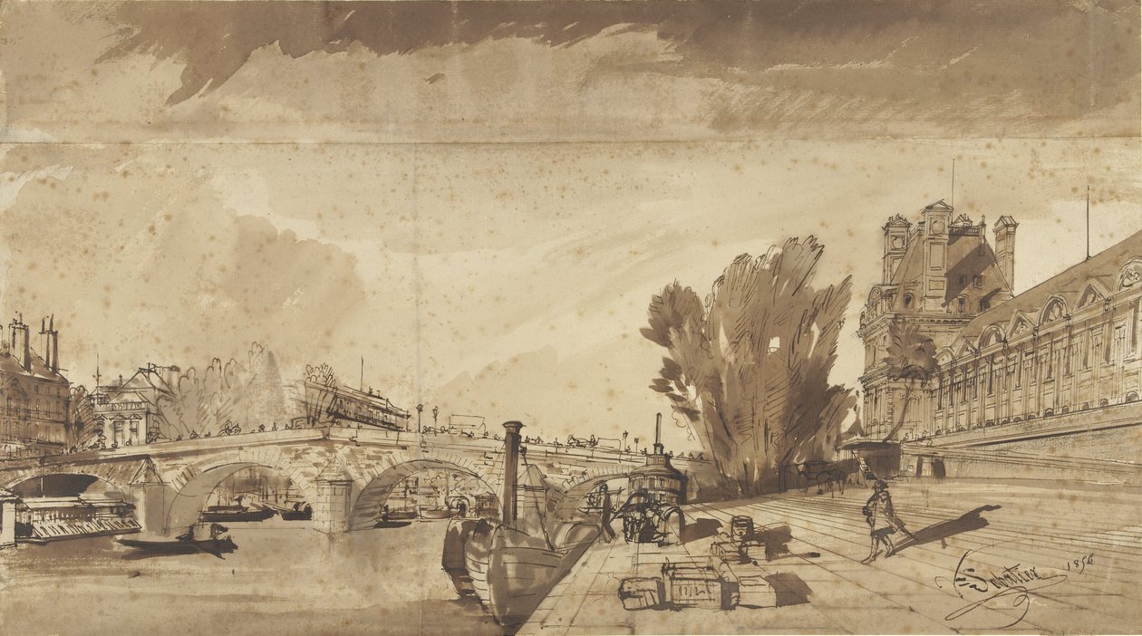 Die Seine und die Pont Royal; rechts das Pavillon de Flore und ein Flügel des Louvre von François Victor Sabatier