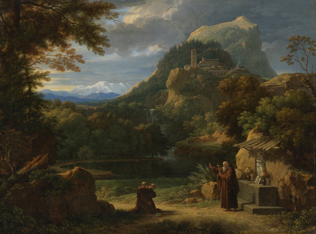 Der heilige Antonius von Padua stellt zwei Novizen den Mönchen in einer bergigen Landschaft vor von Francois Xavier Fabre
