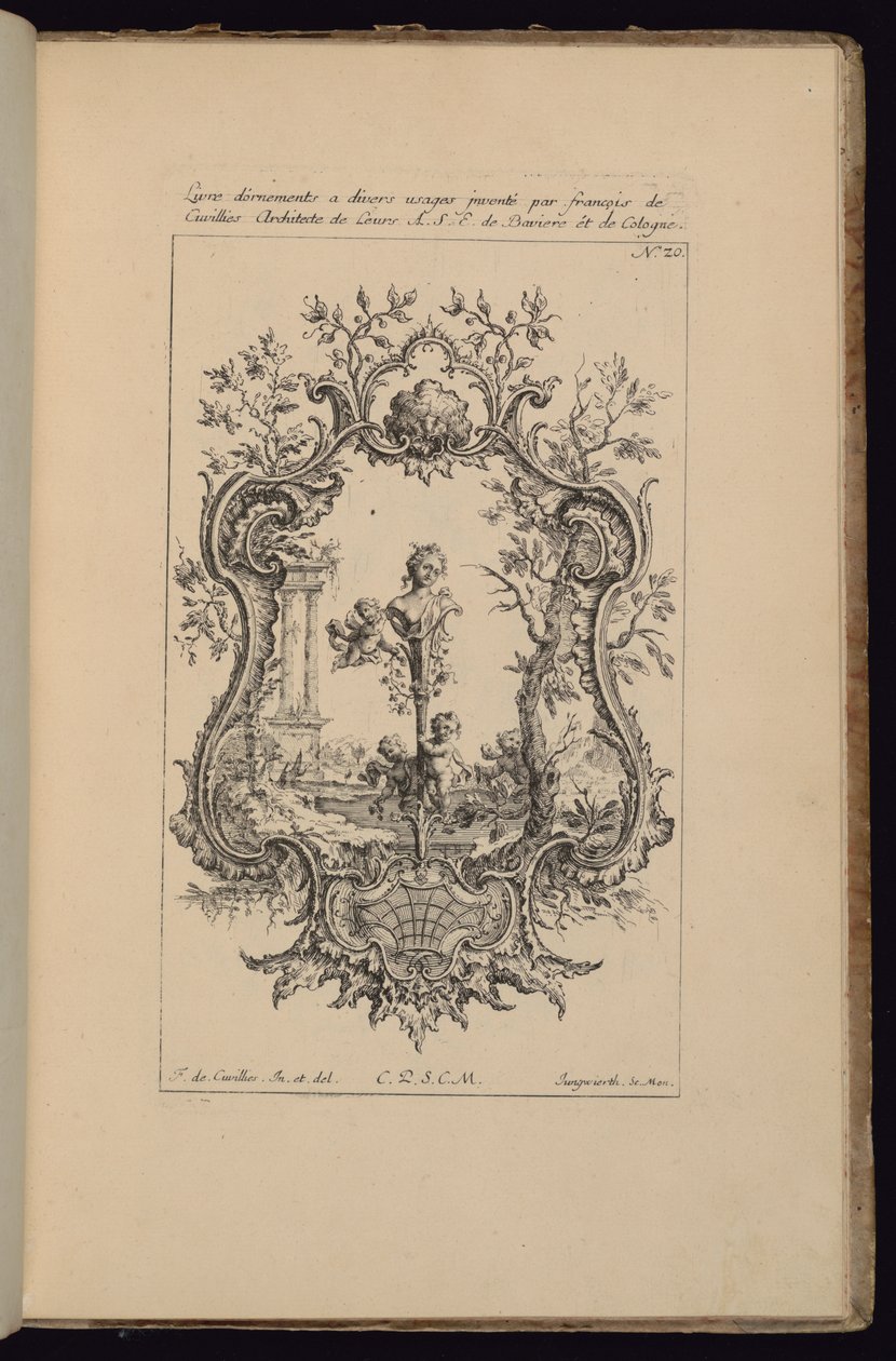 Kartusche mit weiblicher Büste, Livre d’ornements (Buch der Ornamente) von François de Cuvilliés the Elder