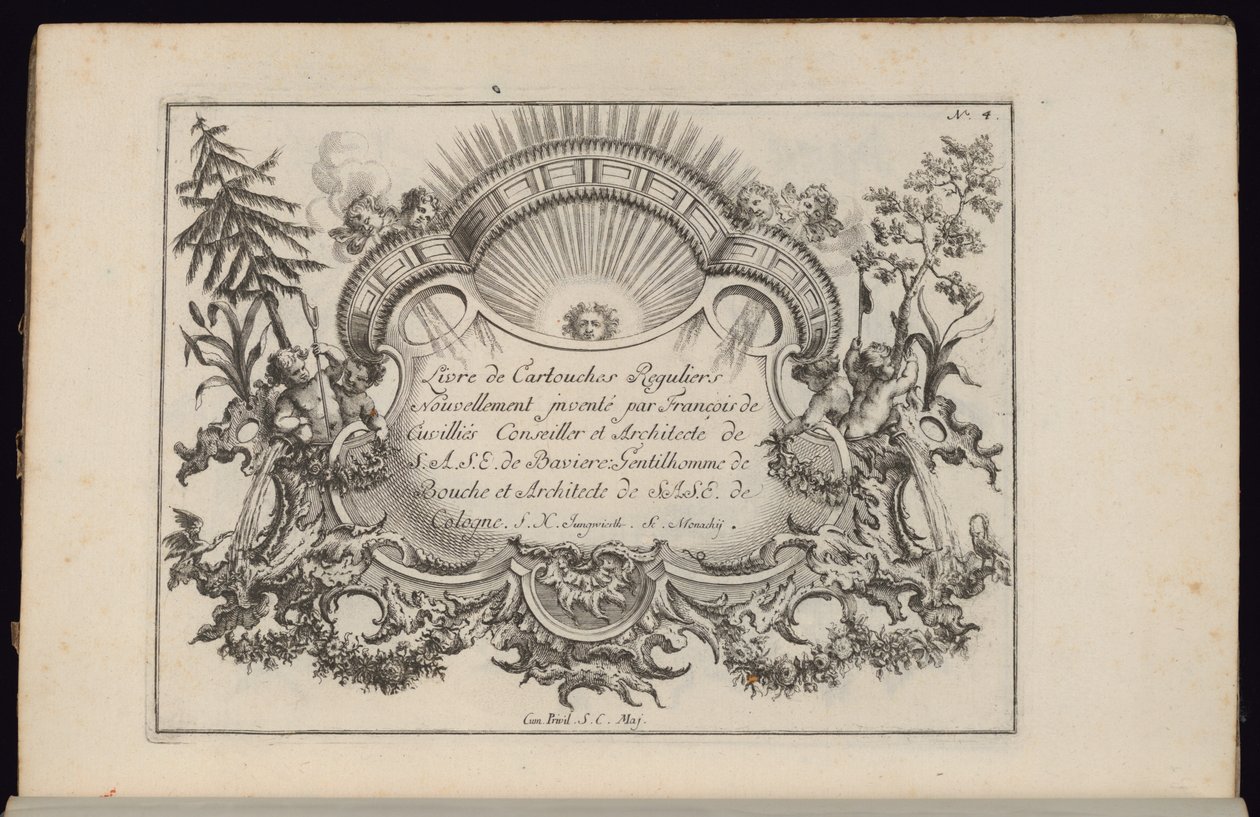 Kartusche mit Sonne und vier Winden, Livre de Cartouches Reguliers (Buch der regelmäßigen Kartuschen) von François de Cuvilliés the Elder