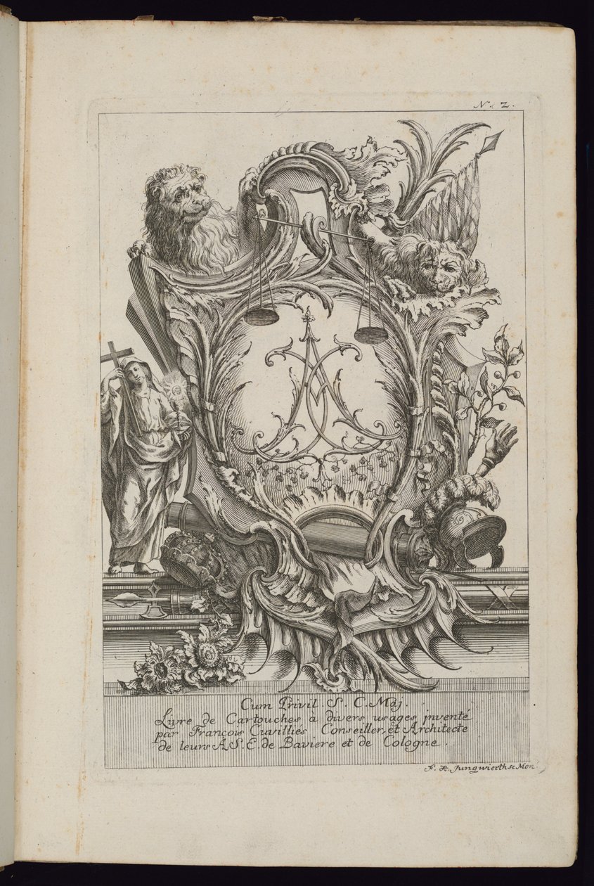 Kartusche mit zwei Löwen und einem Chiffre, Livre de Cartouches à divers usages (Buch der Kartuschen für verschiedene Verwendungen) von François de Cuvilliés the Elder
