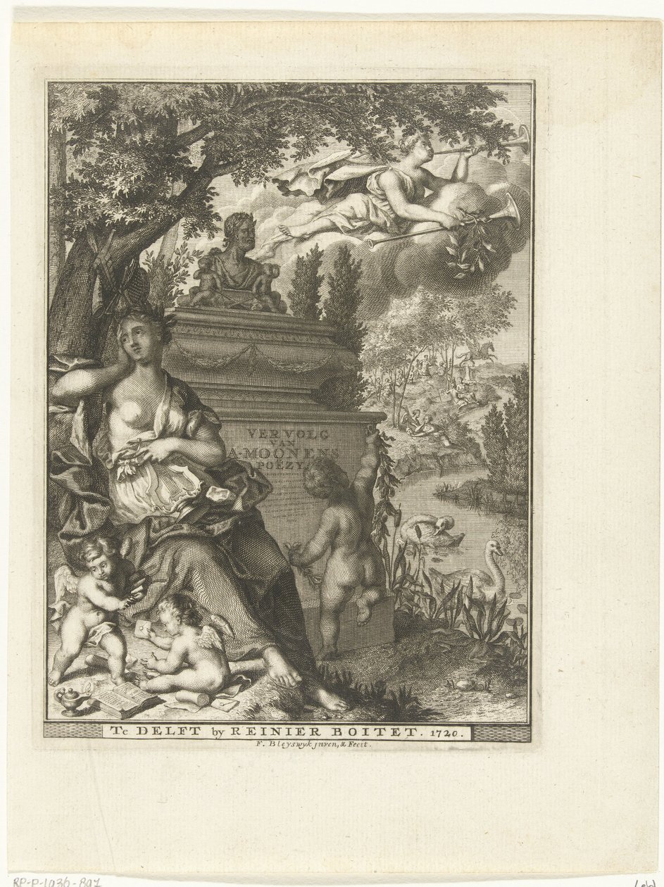 Muse und Putti sitzen am Grabdenkmal des Dichters Arnold Moonen von François van Bleyswijck