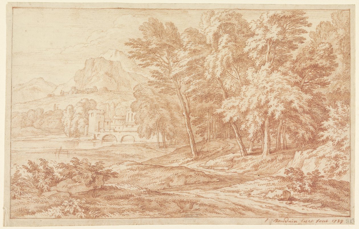 Landschaft mit Fluss und Brücke mit rundem Turm von Frans Boudewijns