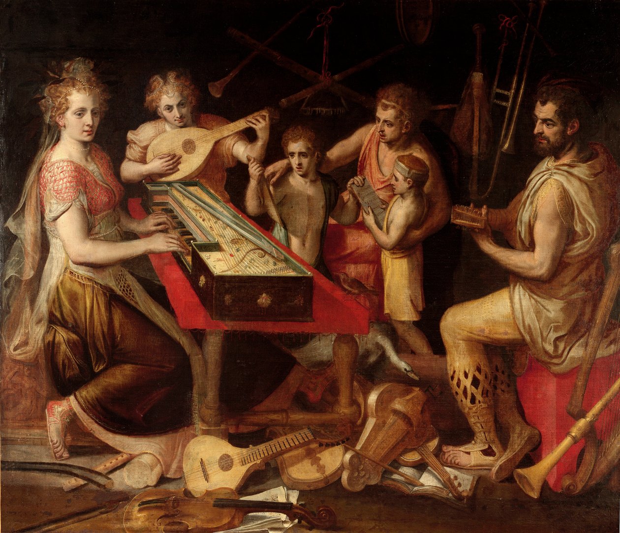 Musikcharaktere, alte Musikinstrumente bilden eine Allegorie. von Frans Floris