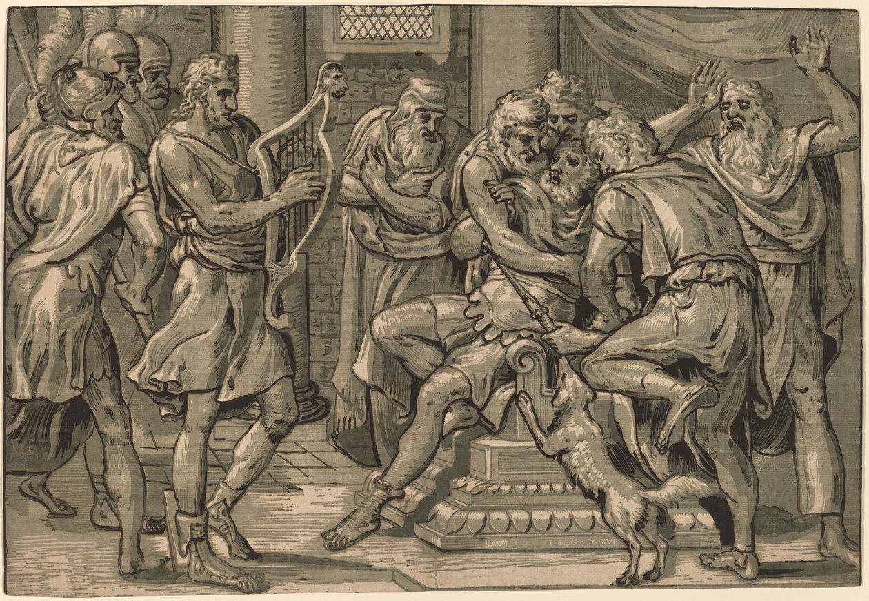 David spielt die Harfe vor Saul von Frans Floris I