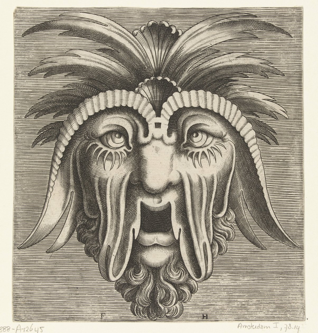 Maske mit offenem, zahnlosem Mund, hängenden Wangen und Haarschöpfen von Frans Huys
