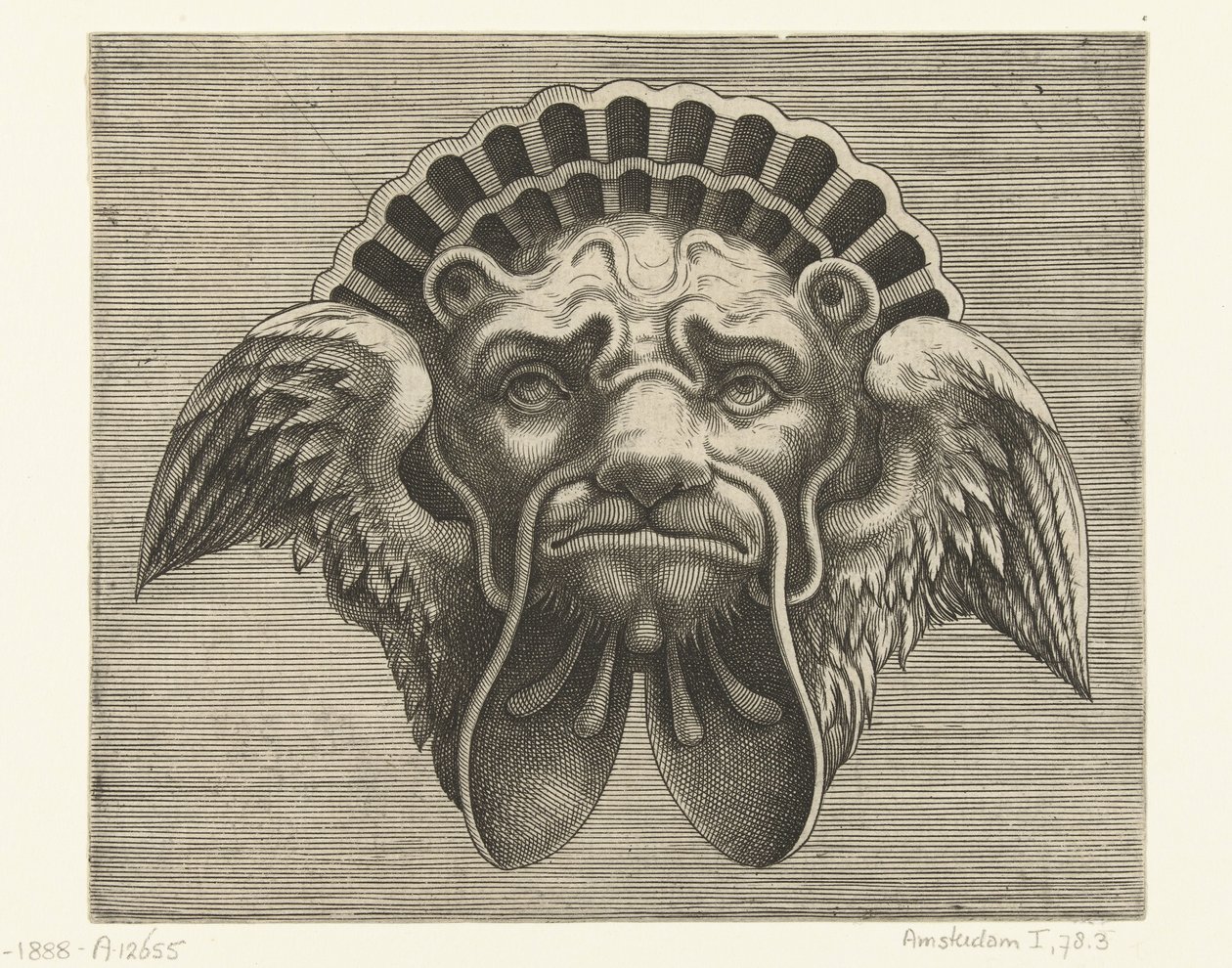 Maske mit Flügeln anstelle von Ohren und einem Kopfschmuck in Form einer Muschel von Frans Huys