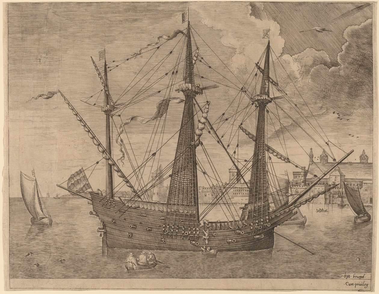 Bewaffneter Dreimaster vor Anker in der Nähe einer Stadt von Frans Huys after Pieter Bruegel the Elder