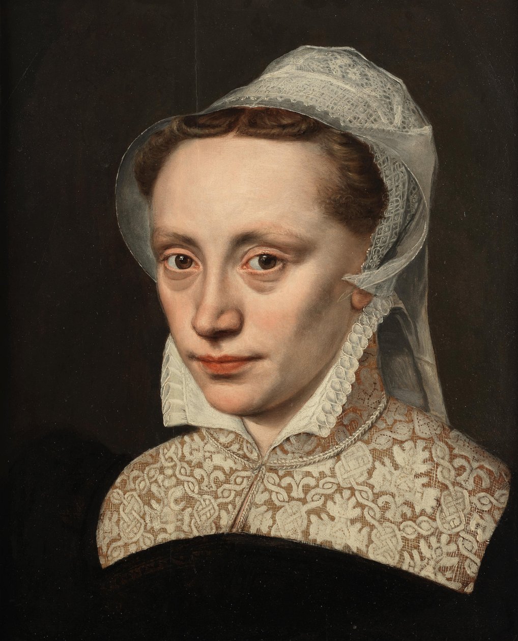 Porträt einer Dame, Brustbild, in schwarzem Kostüm mit weißem Spitzenkragen und Kopfschmuck von Frans Pourbus the Elder