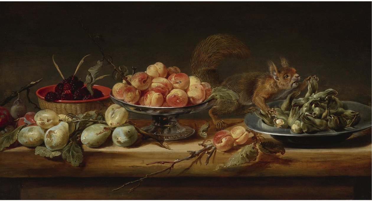 Stillleben mit Pfirsichen in einer Tazza, Haselnüssen auf einem Zinnteller, Himbeeren in einem Korb, mit Birnen und einem Eichhörnchen auf einem Tisch von Frans Snyders
