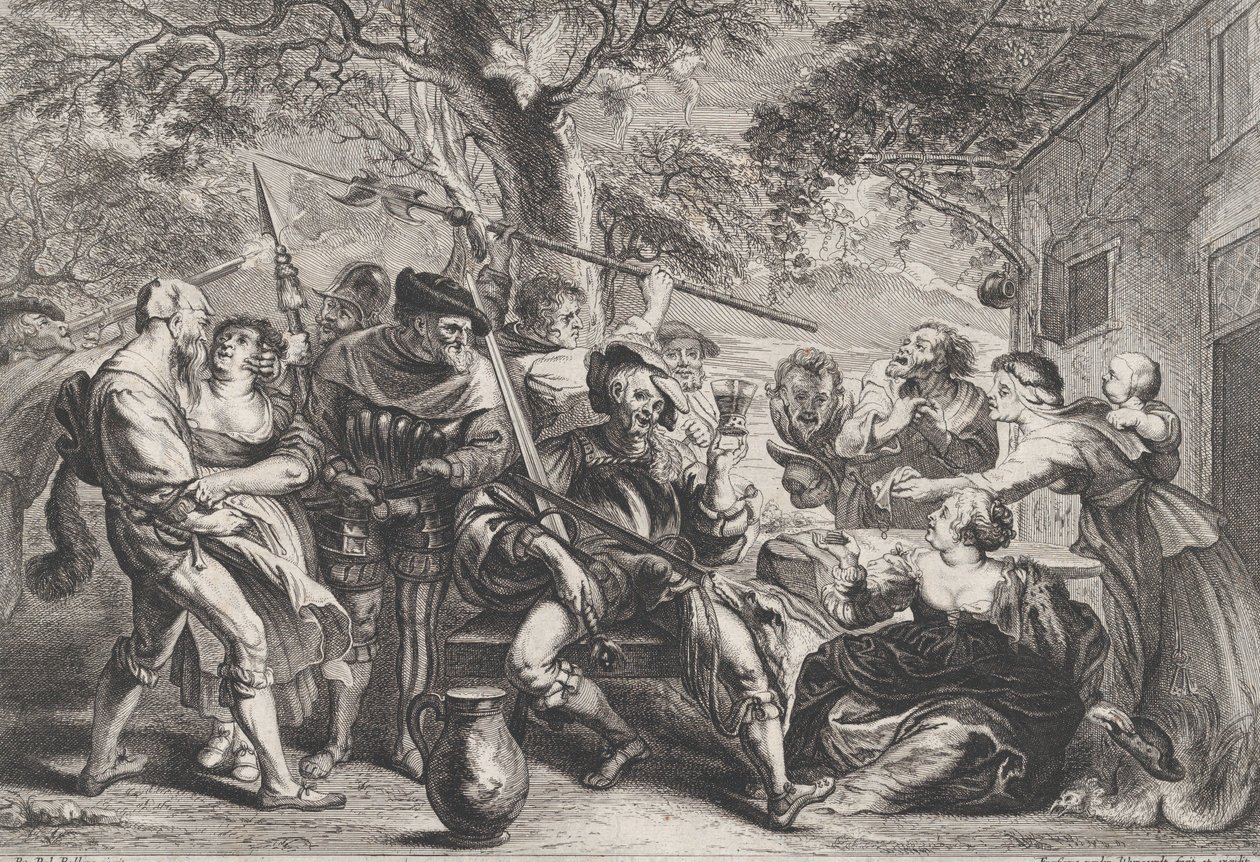 Don Quijote und Truppen der Heiligen Bruderschaft vor einer Taverne von Frans van den Wyngaerde