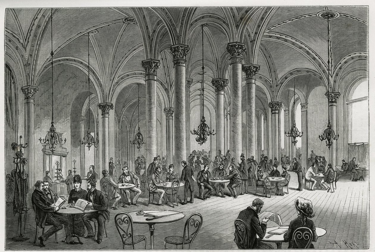Das zentrale Café in Wien (Österreich). Gravur von Kollarz, zur Illustration der Geschichte Wien und seine Vororte von M. Newlinski, 1881, veröffentlicht in Le tour du monde, unter der Leitung von Edouard Charton (1807-1890) von Franz (after) Kollarz