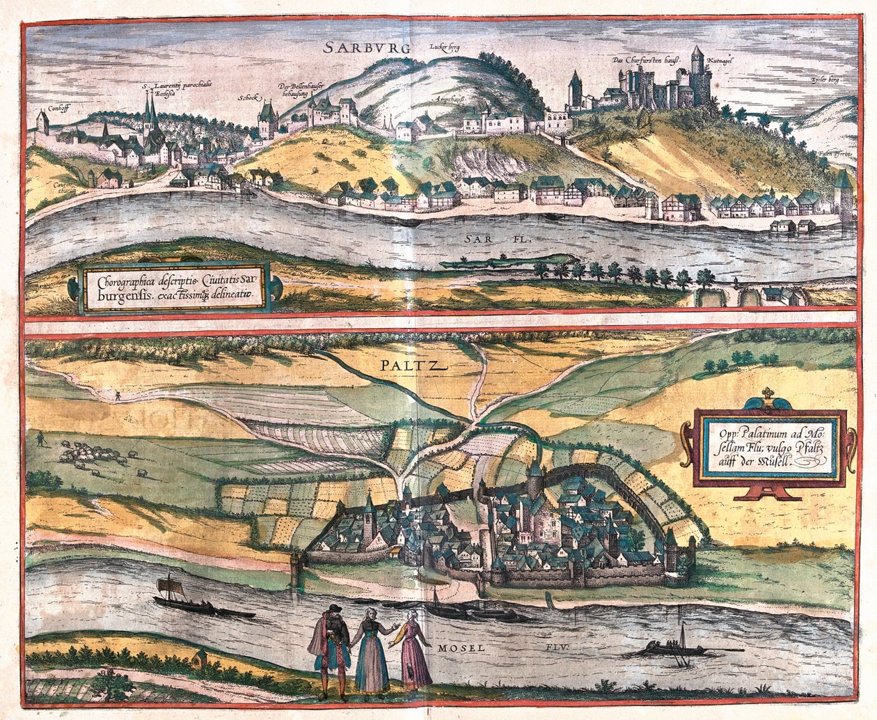 Genaue Übersicht der Stadt Saarburg und der Stadt Pfaltz an der Mosel, Deutschland (Gravur) von Franz Hogenberg