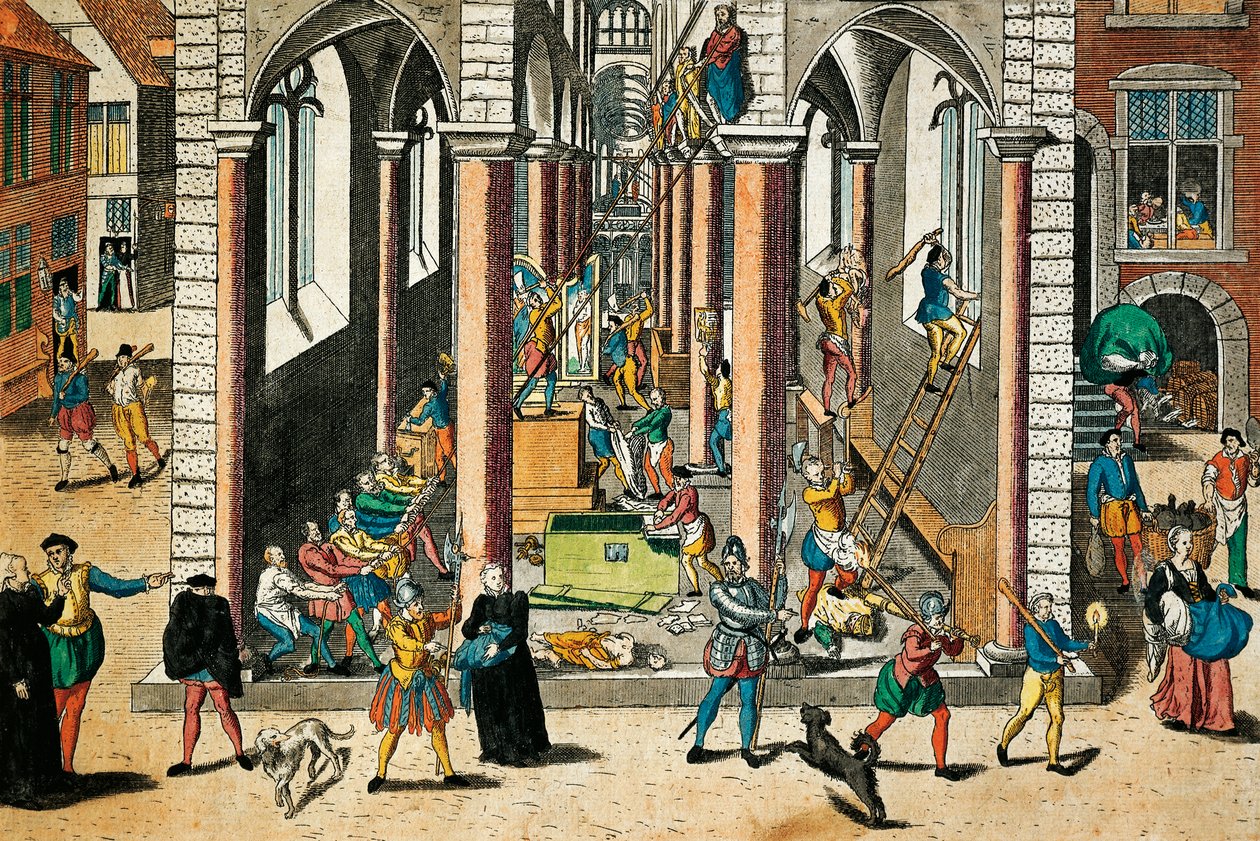 Zerstörung von Reliquien und Statuen in Kirchen, April 1566, Gravur von Franz Hogenberg (1535-1590), Religionskriege, Frankreich von Franz Hogenberg