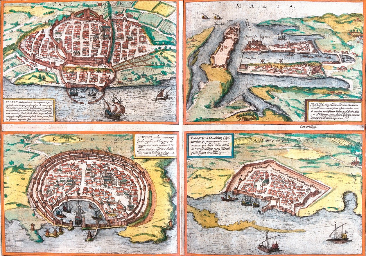 Plan von Cagliari (Sardinien), Malta, Rhodos und Famagusta (Zypern) von Franz Hogenberg