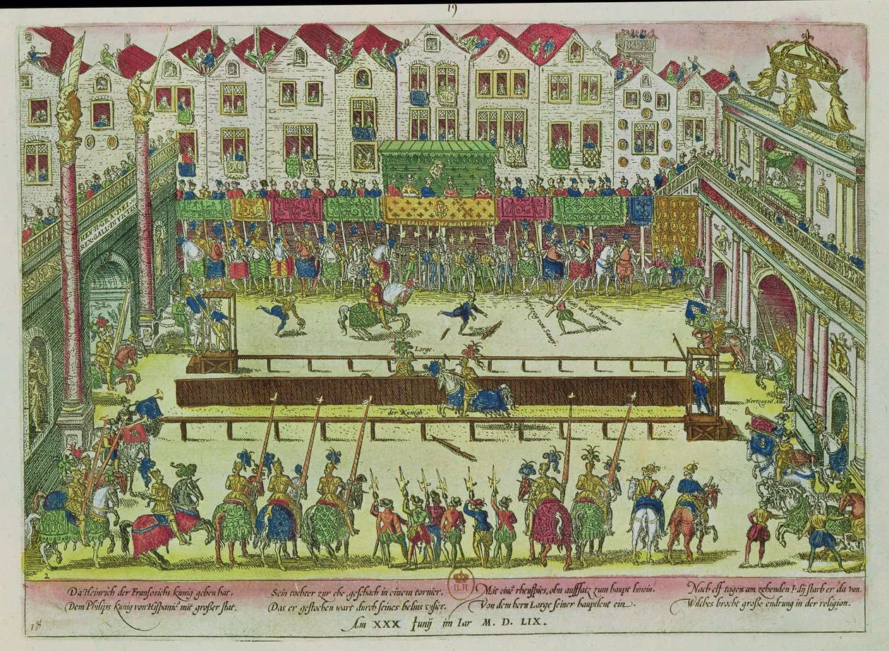 Turnier, bei dem Henri II. (1519-59) vom Grafen von Montgomery verletzt wurde und zehn Tage später starb, 30. Juni 1559 von Franz Hogenberg