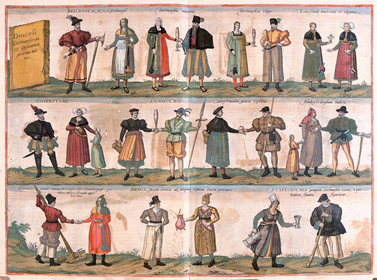 Verschiedene Kostüme aus Dithmarschen und Umgebung, Deutschland (Gravur) von Franz Hogenberg