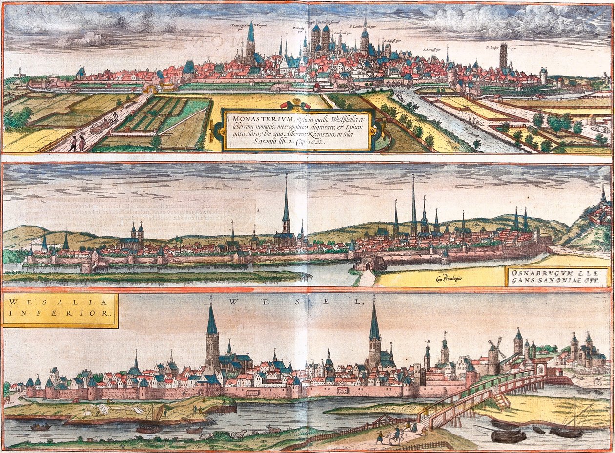 Ansicht von Münster (Monasterium), Osnabrück (Osnabrugum) und Wesel (Weselia), Deutschland (Radierung) von Franz Hogenberg