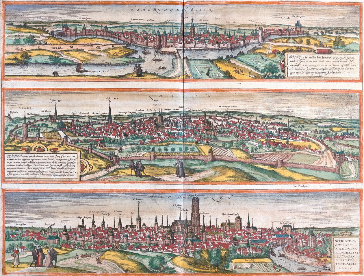 Ansichten von Bois le Duc (Buscumducis) in den Niederlanden, Leuven (Lovanium) und Machelen (Mechlineen) in Belgien (Radierung) von Franz Hogenberg