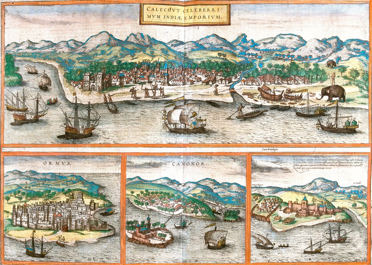 Ansichten von Kozhikode oder Calicut (Indien), Ormuz (Iran), Cannanore oder Kannur (Indien) und St. George of the Mine oder Elmina (Ghana) von Franz Hogenberg