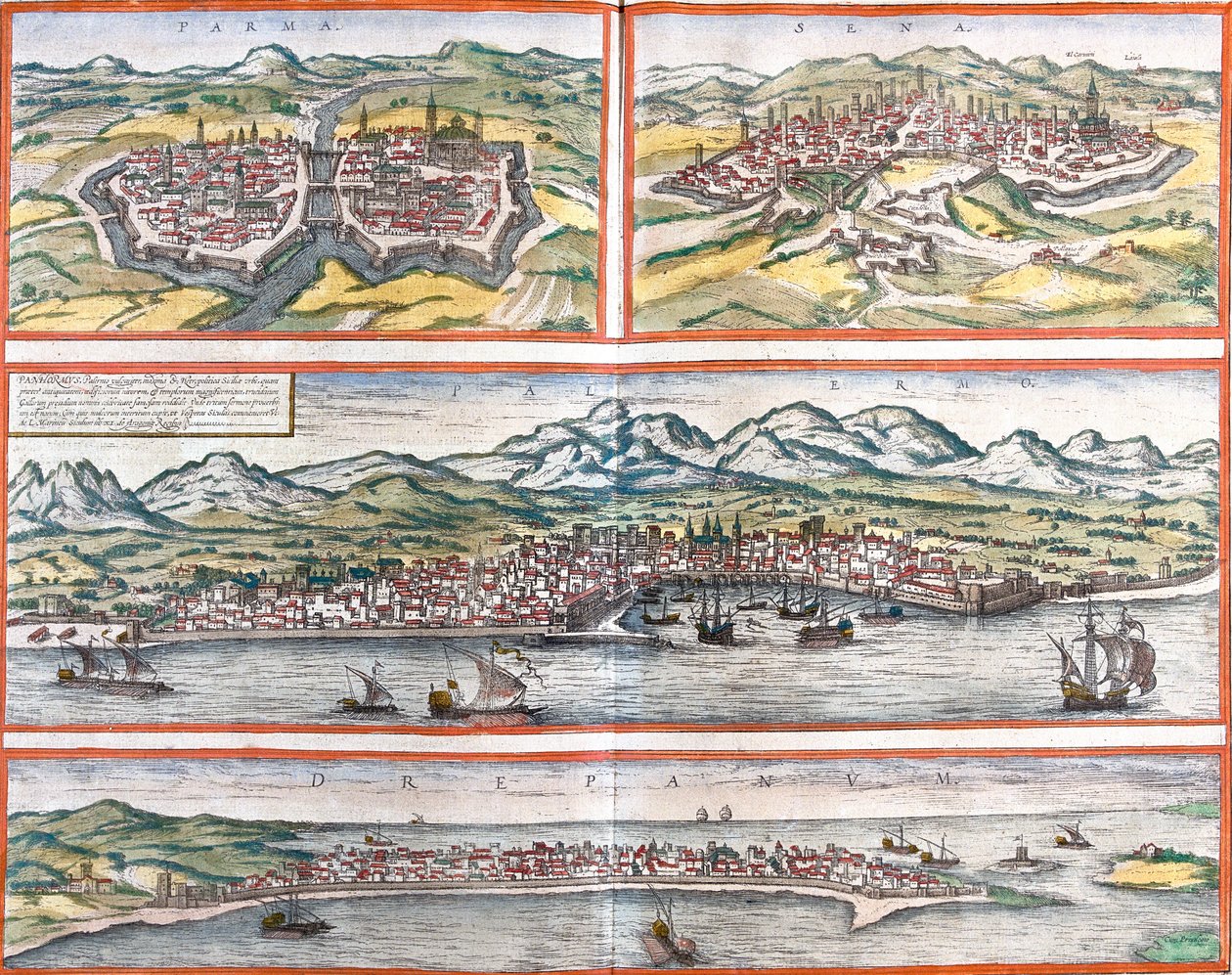 Ansichten von Parma, Siena, Palermo und Trapani (Sizilien), Italien von Franz Hogenberg
