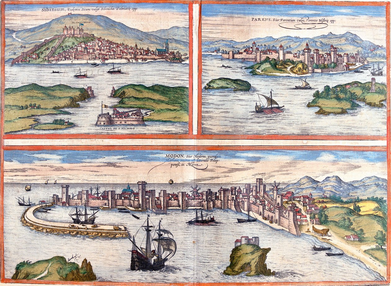 Ansichten von Šibenik (Sibinium, Sibenicho), Poreč (Parens, Parentium), Kroatien und Modon (Modona), Griechenland (Radierung) von Franz Hogenberg