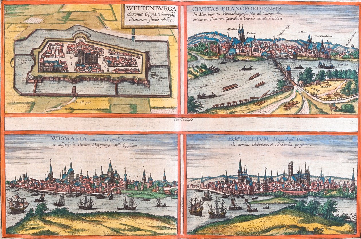 Ansichten von Wittenburg, Frankfurt, Wismar und Rostock, Deutschland von Franz Hogenberg