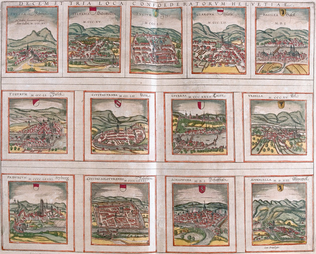 Ansichten der wichtigsten Städte der Schweizerischen Eidgenossenschaft: Schwytz (Svicia), Zug (Tugium), Glaris (Glarona), Basel (Basilea), Zürich (Tugurum), Bern (Ursina), Luzern (Lucerna), Uri (Ursella), Freiburg (Frigurgum), Solothurn (Soloturensis), Sch von Franz Hogenberg