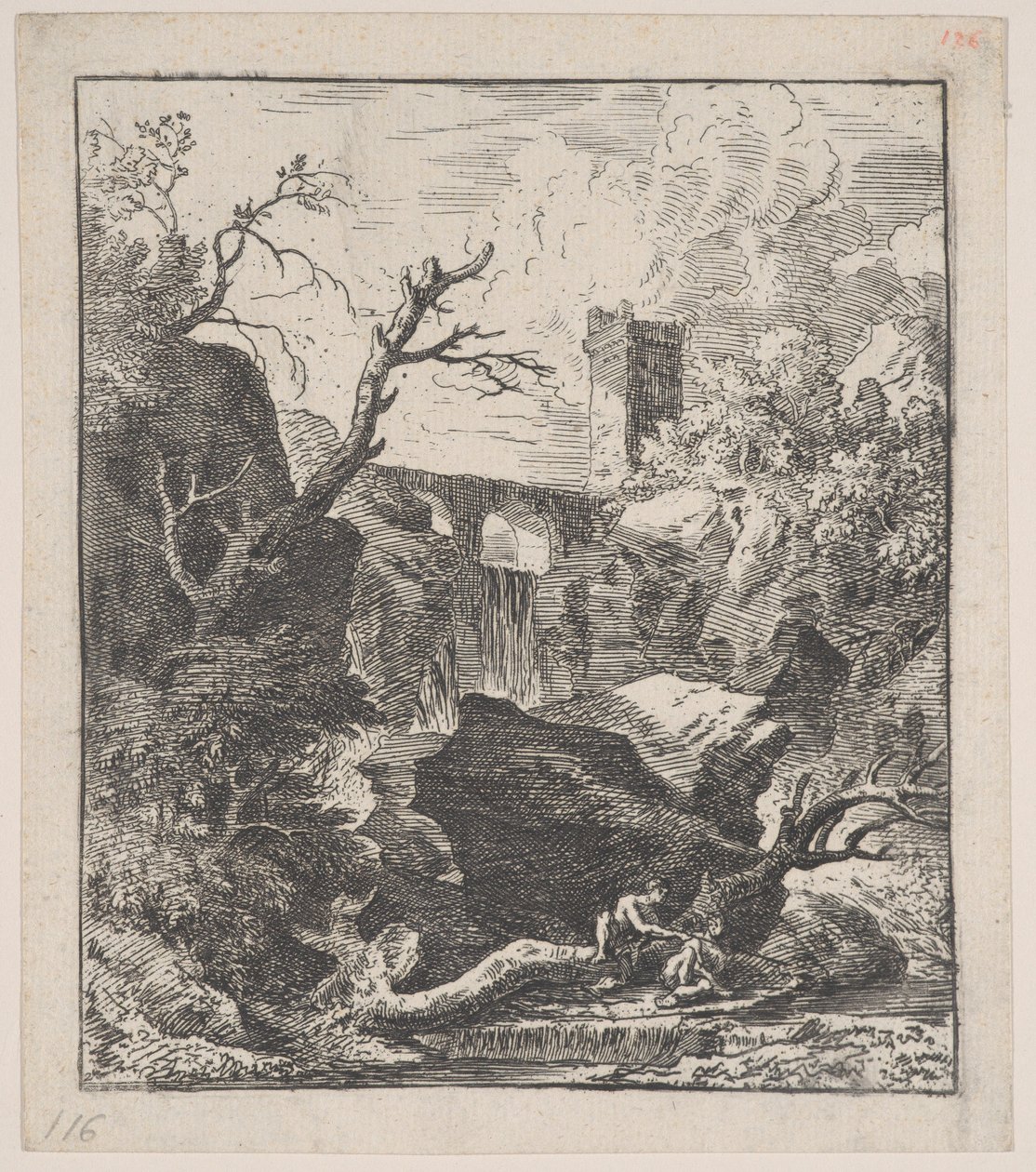 Tafel 2: zwei Figuren sitzen auf einem Baumstamm am Ufer eines Baches im Vordergrund, ca. 1700-25 von Franz Joachim Beich
