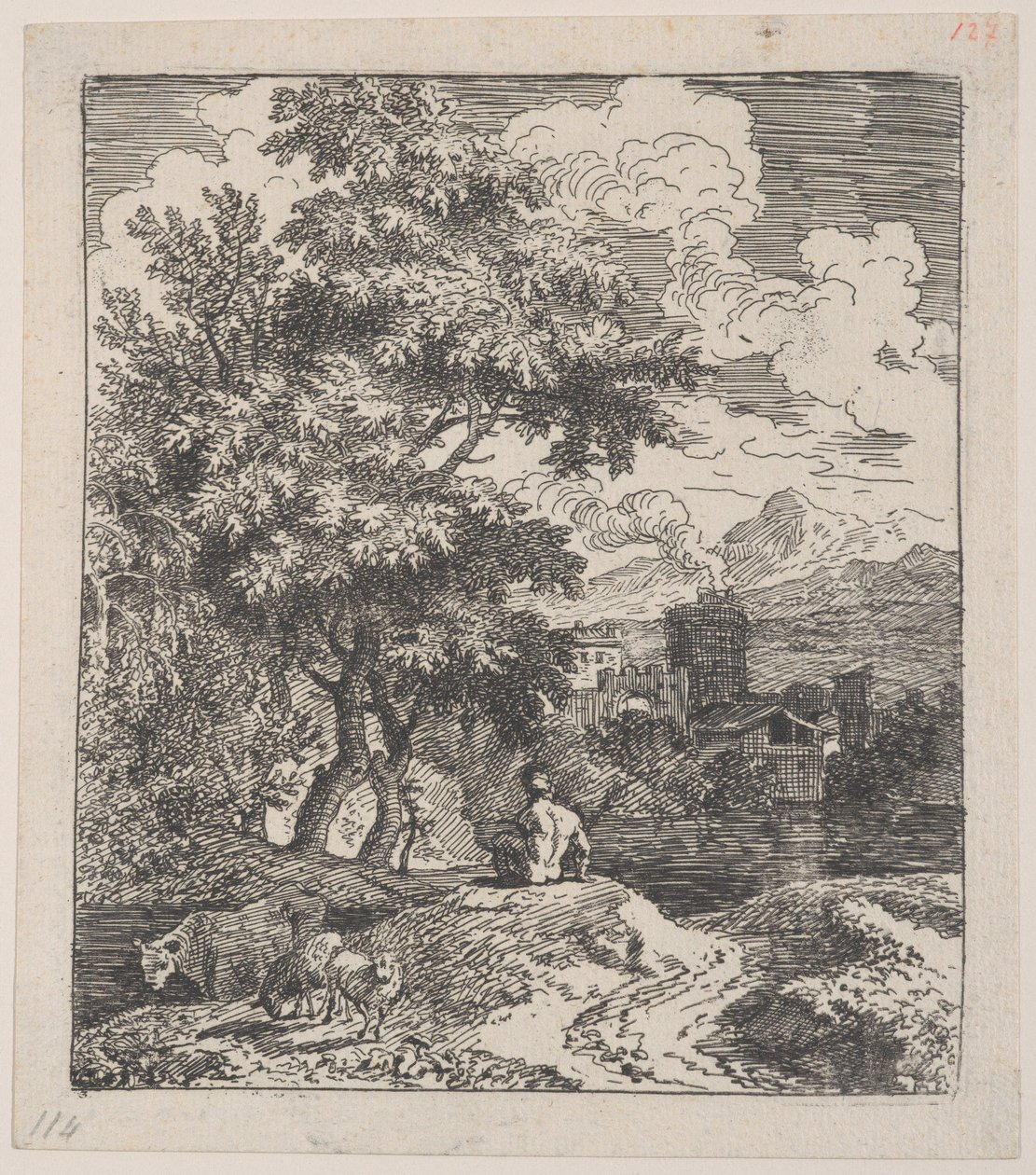 Hirte auf einem Hügel mit Kuh und Schafen von Franz Joachim Beich