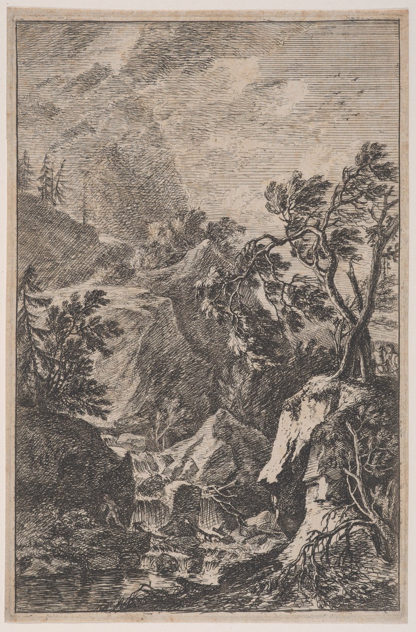 Tafel 6: zwei männliche Figuren stehen auf einem Felsen rechts, ein Wasserfall in der Mitte, ca. 1700-25 von Franz Joachim Beich