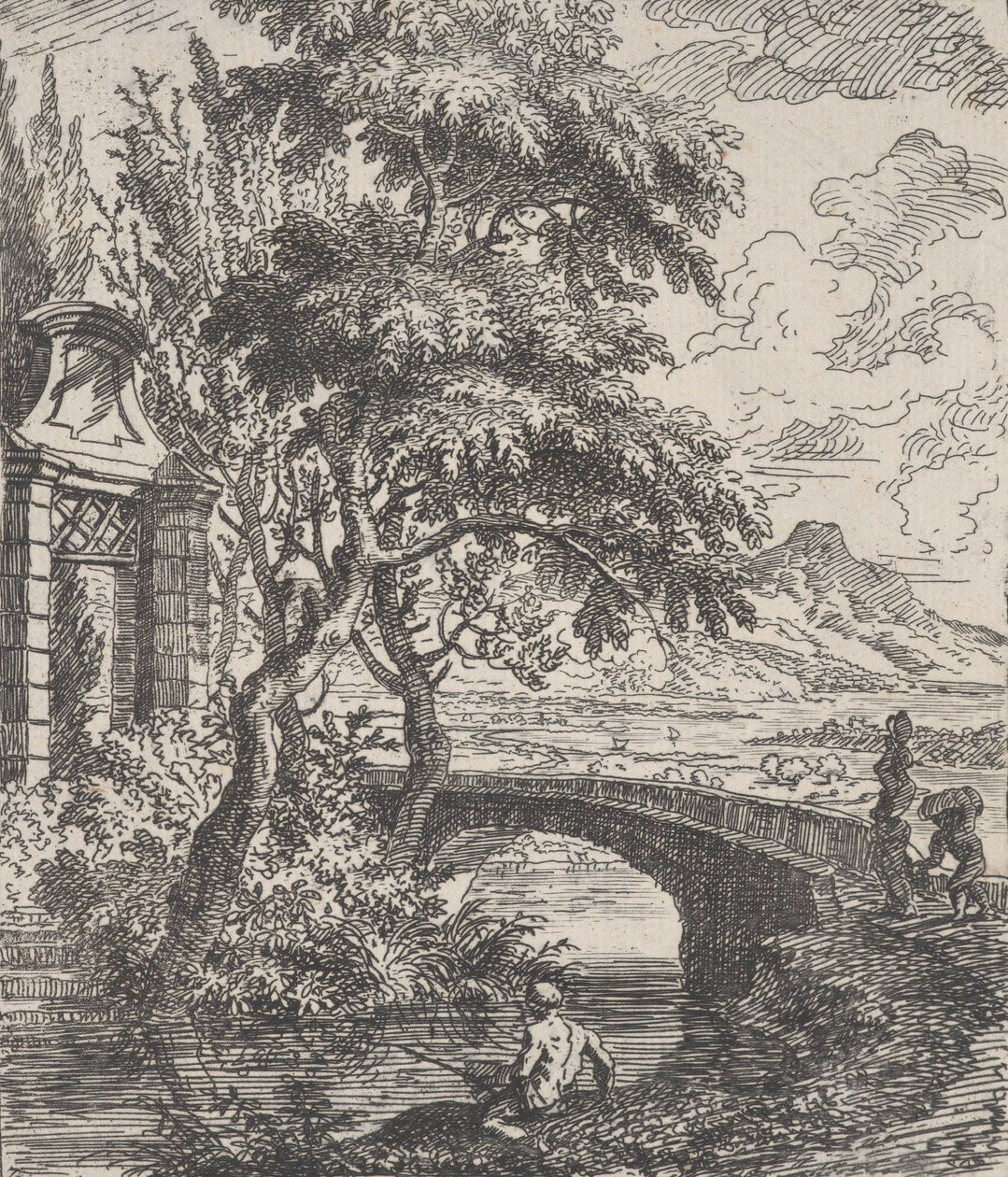 Tafel 7: zwei Figuren rechts, die im Begriff sind, eine Steinbrücke zu überqueren, ein Fischer im Vordergrund von Franz Joachim Beich