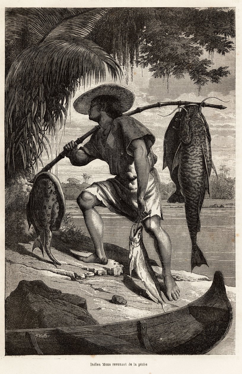 Indischer Moxo (Mojo, Moxeno) (aus der Region Mato Grosso) kehrt vom Fischen zurück, Gravur nach einer Zeichnung des Erzählers, zur Illustration einer Erkundungsreise am Amazonas und Madeira, 1874, von Franz Keller Leuzinger, veröffentlicht in „Le tour du  von Franz Keller
