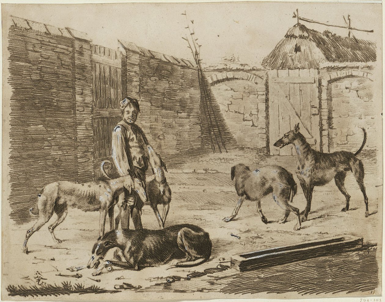 Hofraum mit Junge und Hunden von Franz Krüger