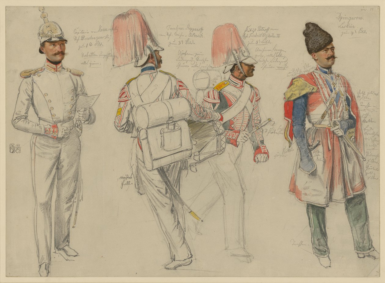 von Kossacowski, Kapitän vom Regiment Preobraschenski; Steppanoff, Tambour vom Regiment Kaiser von Österreich; Petroff, Flötist vom Regiment Friedrich Wilhelm III.; Dgingosow, Leskier von Franz Krüger