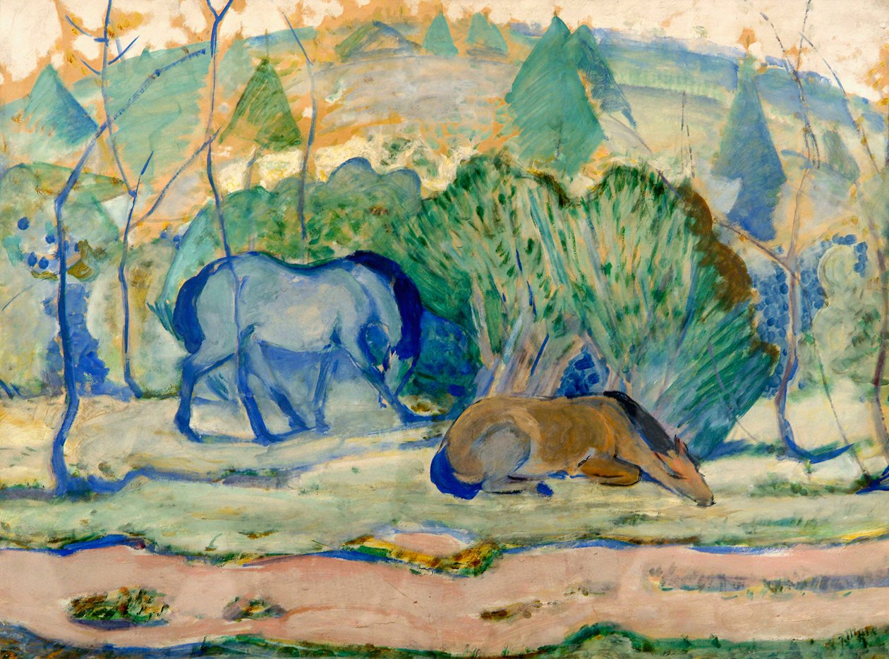 Pferde auf der Weide, Pferde in einer Landschaft von Franz Marc