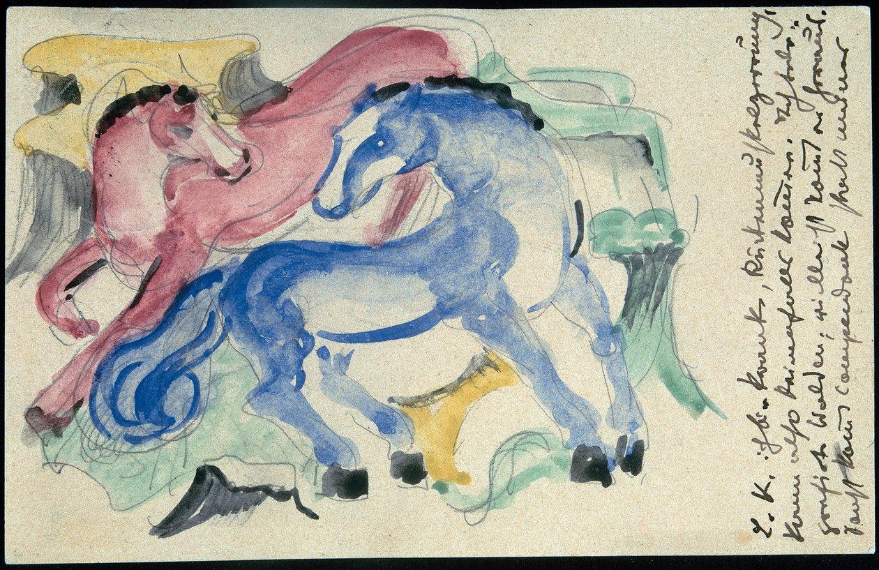 Rotes und blaues Pferd, Postkarte, Poststempel 05.04.1913 von Franz Marc