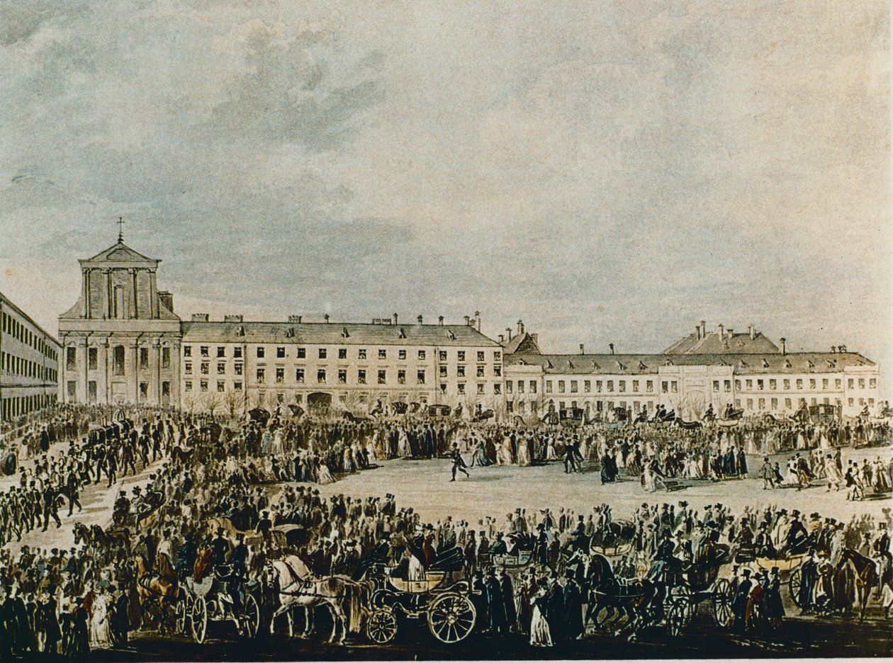 Ludwig van Beethovens Trauerzug 1827 vom Schwarzspanierhaus zur Dreifaltigkeitskirche in der Alsergasse, Wien von Franz Stober