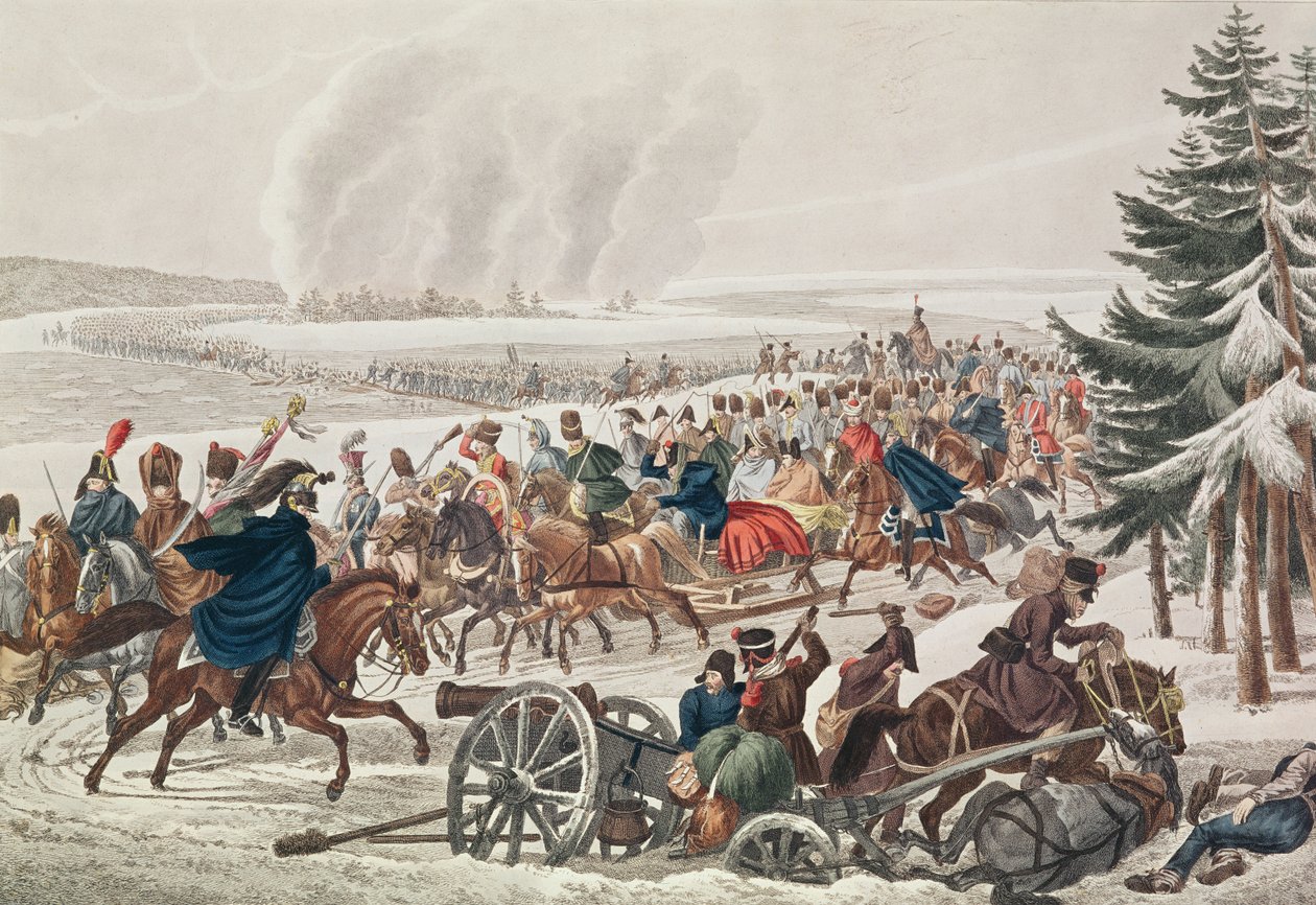 Der Rückzug der französischen Armee über den Fluss Beresina, 26. November 1812, graviert von J.A. Klein von Franz von Habermann