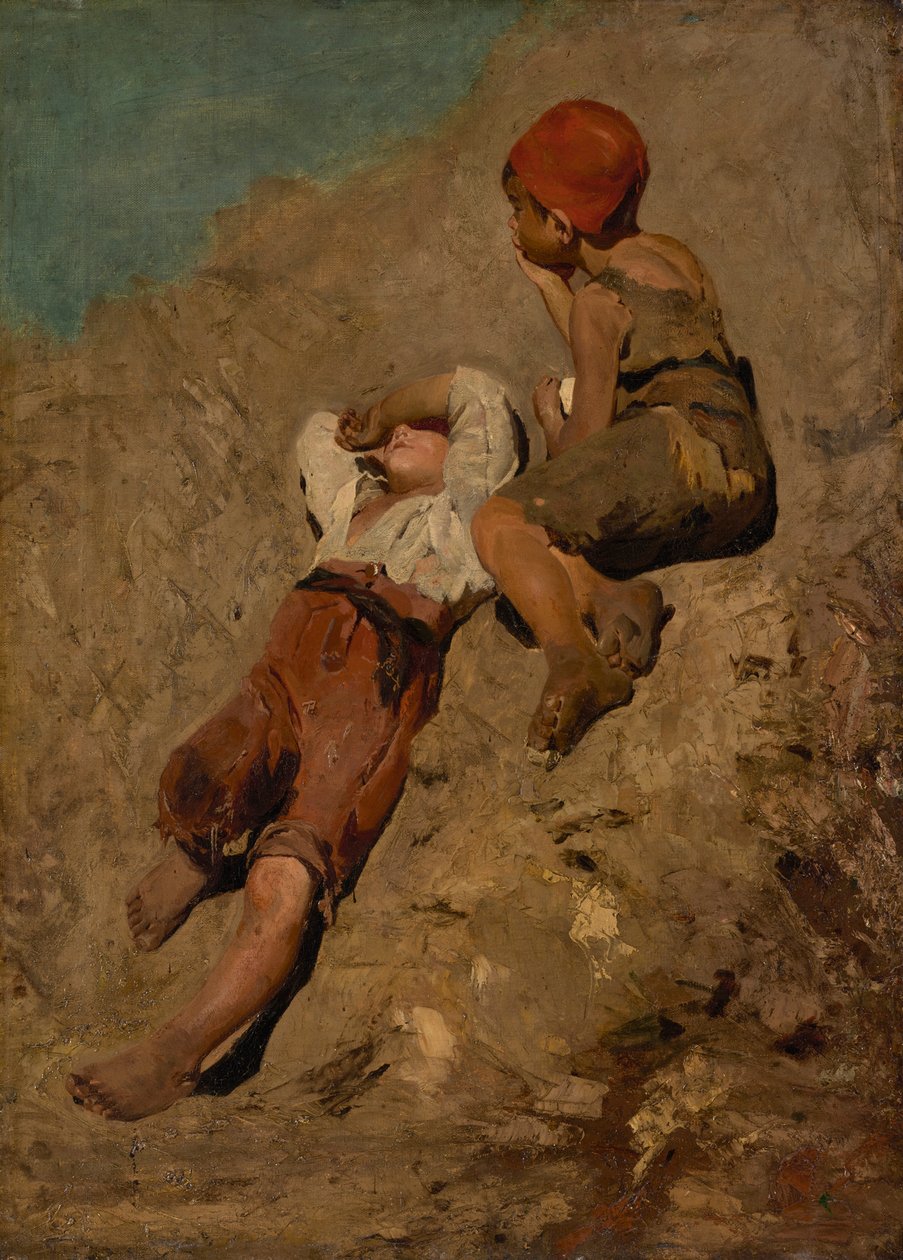 Zwei Bauernjungen an einem Abhang von Franz von Lenbach
