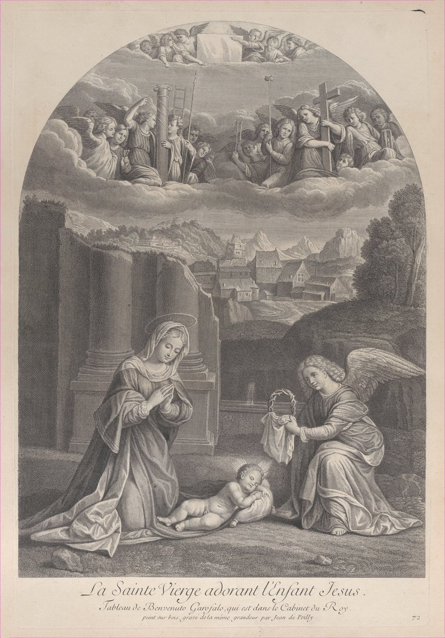 Die Jungfrau Maria, die das Christkind anbetet, ein Engel hält rechts eine Dornenkrone von Frédéric Horthemels