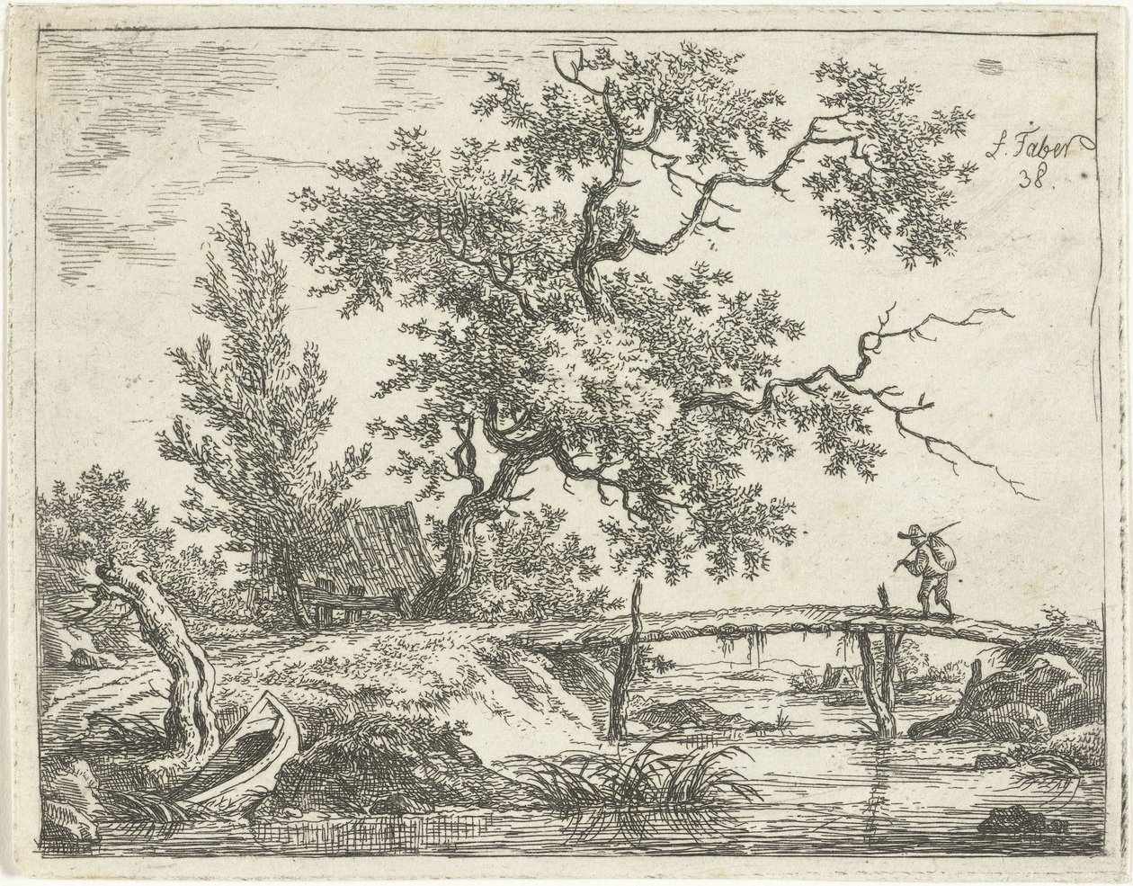 Landschaft mit Mann auf Brücke von Frédéric Théodore Faber