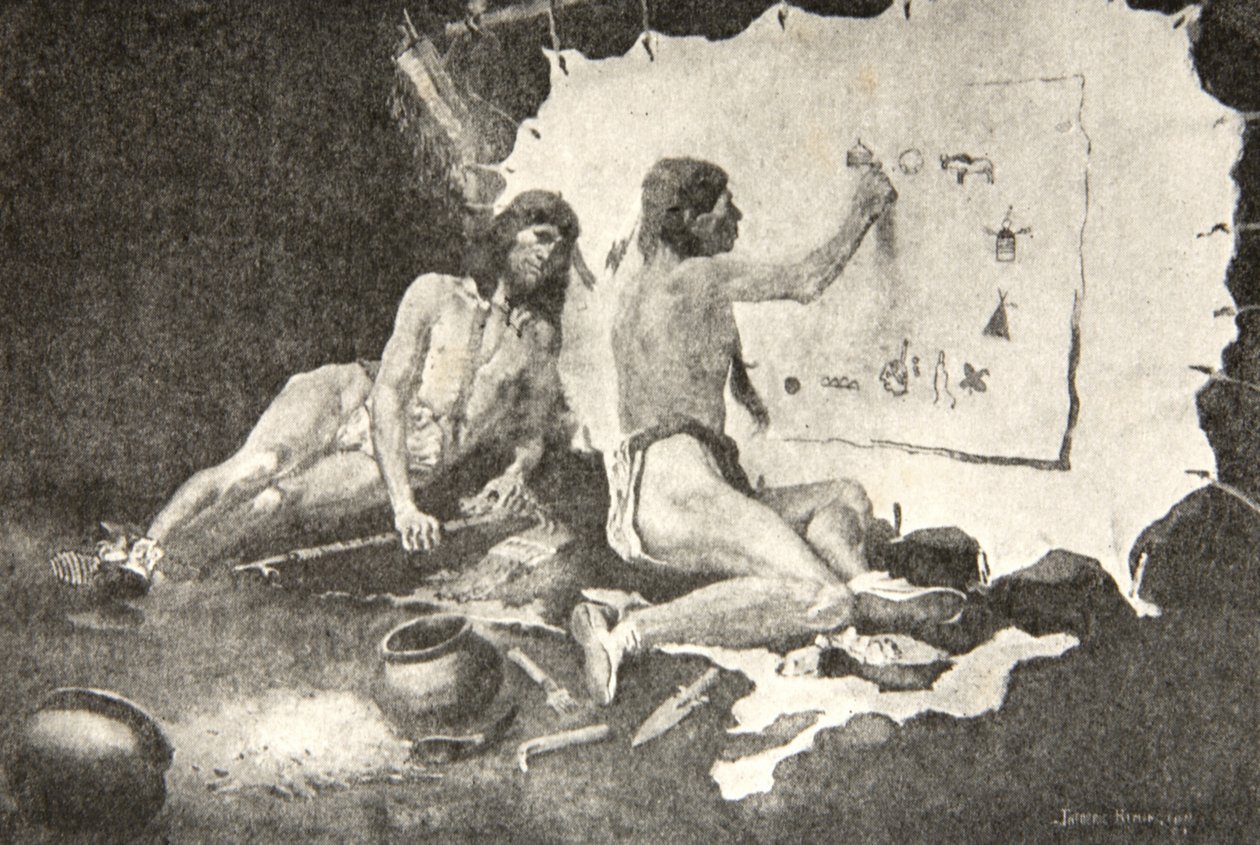 Solche Formen malten sie, Auf Birkenrinde und Hirschhaut, aus Das Lied von Hiawatha von Henry Wadsworth Longfellow (1807-82), veröffentlicht von George G. Harrap und Company Ltd., 1911 von Frederic Remington