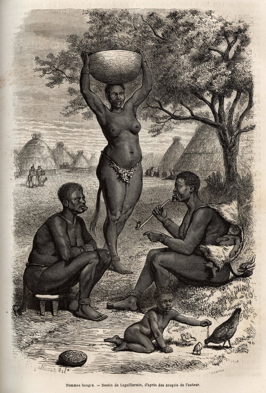 Typen und Aktivitäten der Frauen Bongos (Zentral-Sudan), mit ihrem Metallschmuck, Glocken und Klammern, die sie an ihren Ohren und Lippen tragen, Gravur nach der Zeichnung von Laguillermie, zur Illustration der Reise ins Herz Afrikas 1868-1871, von Dr. Geo von Frederic Auguste Laguillermie