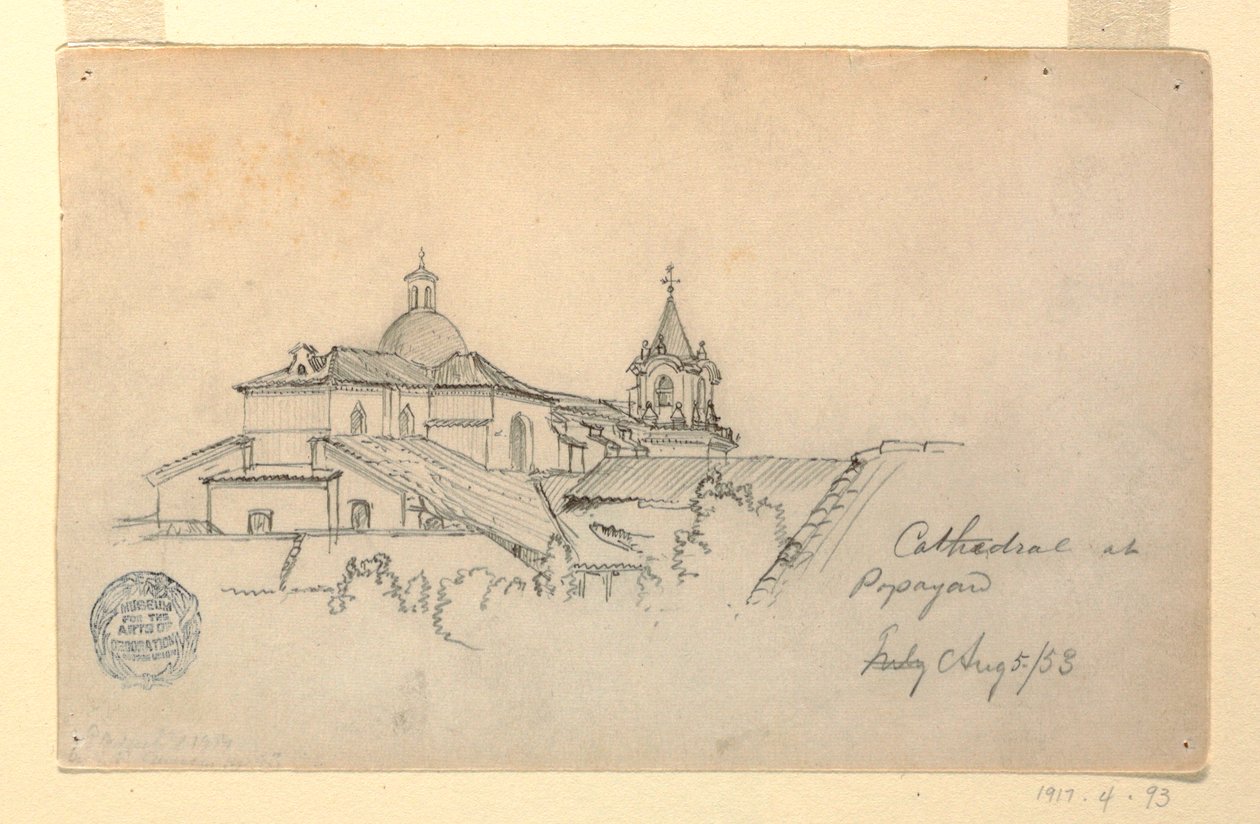 Zeichnung, Kathedrale in Popayan, Kolumbien, 5. August 1853 von Frederic Edwin Church