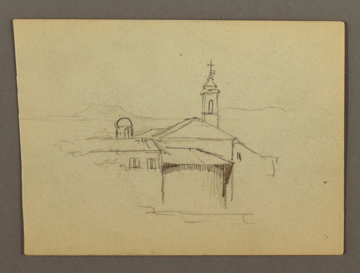 Kirchturm angrenzende Gebäude, möglicherweise 1868–69 von Frederic Edwin Church